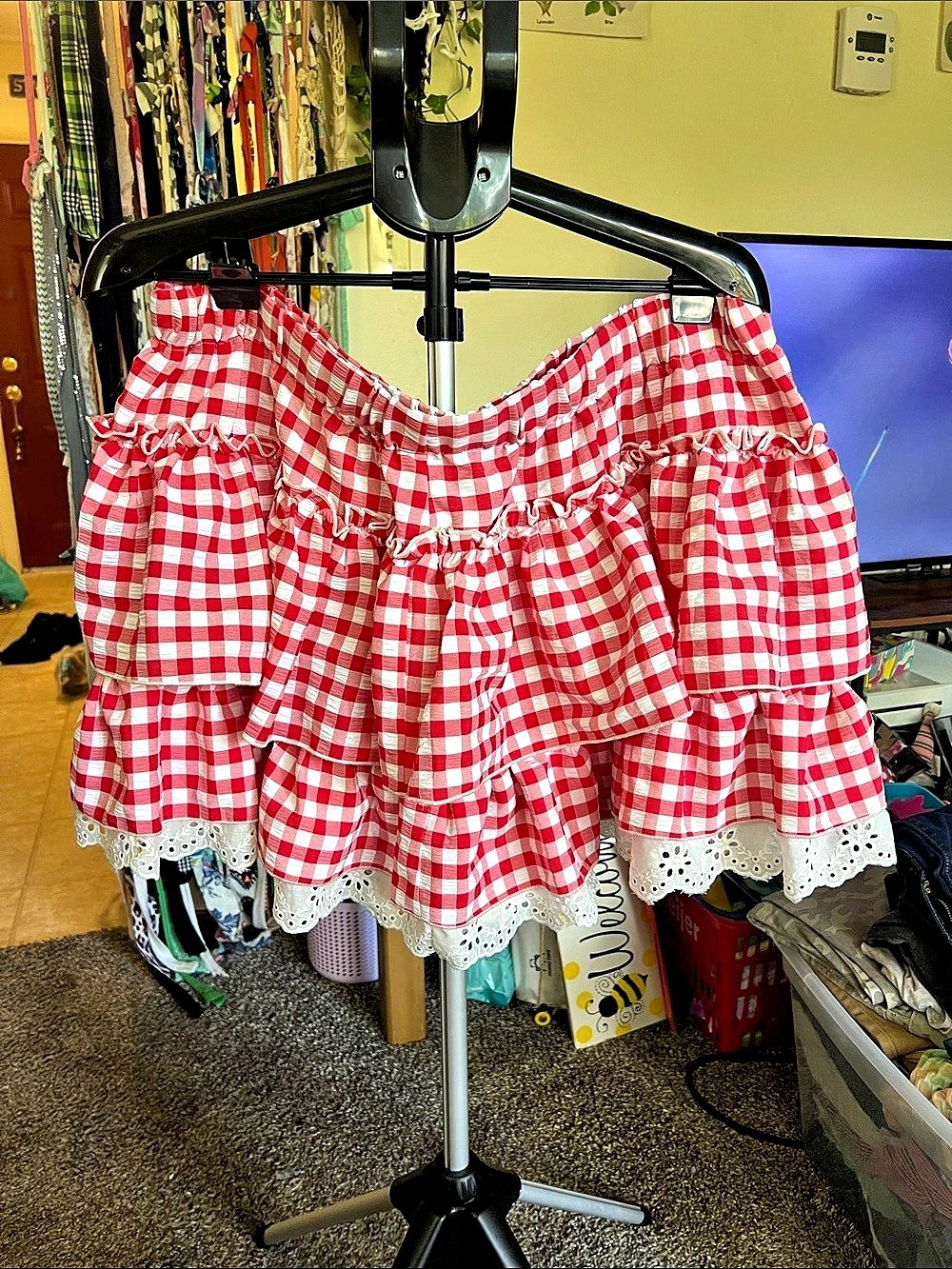 SHEIN CURVE Gingham Ruffle Mini Skirt in Red & White 4XL